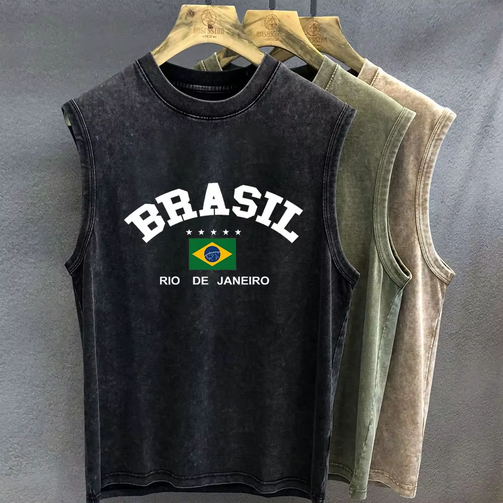 Nouveau débardeur sans manches noir délavé 2026, imprimé drapeau du Brésil Rio de Janeiro, style rét