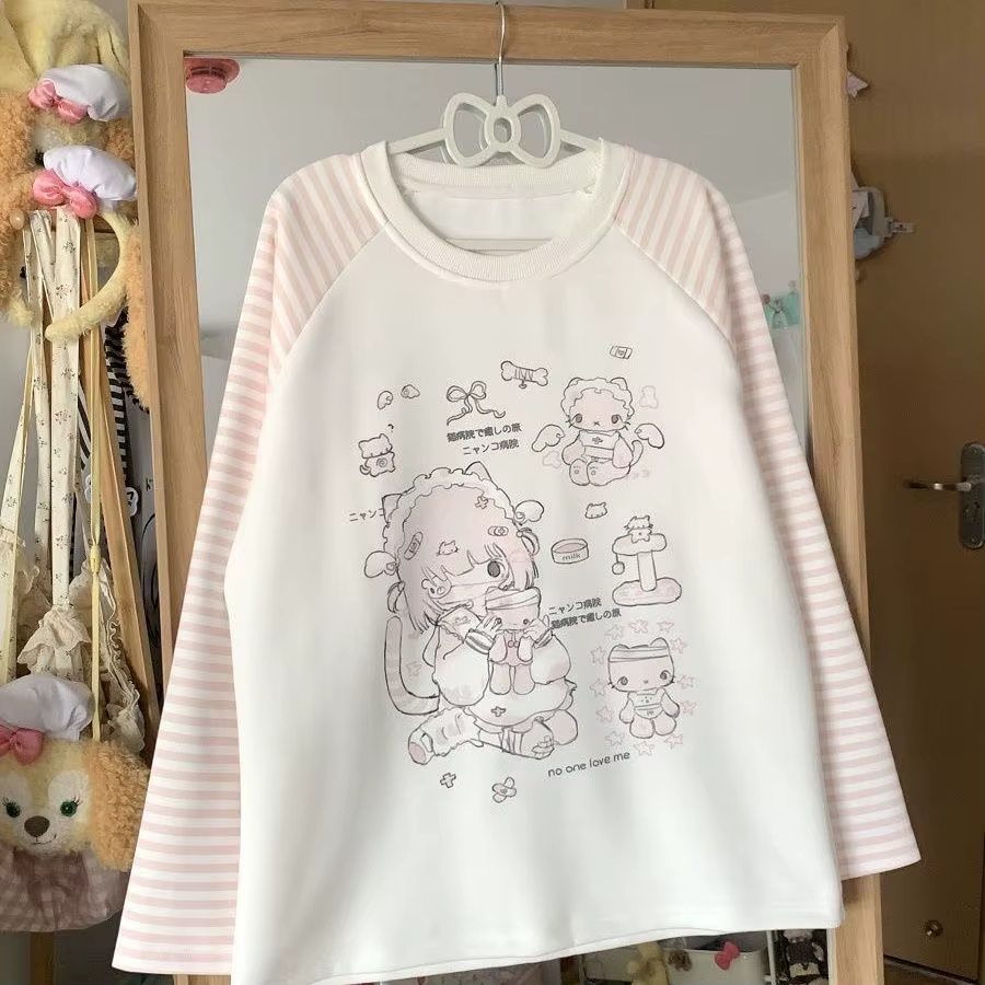 T-shirt à manches longues et col rond pour femme, sweat-shirt japonais mignon, haut esthétique Y2K,