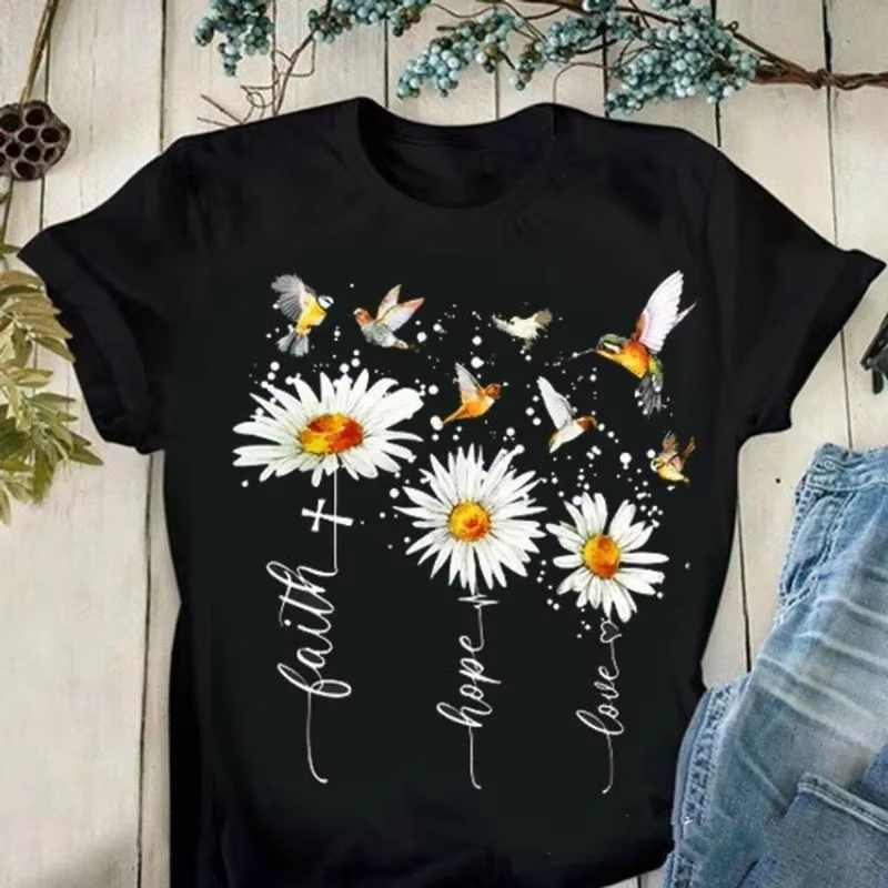 T-shirt manches courtes col rond femme, estival et estival, avec Faith Manucure Love Destroy AndrPri