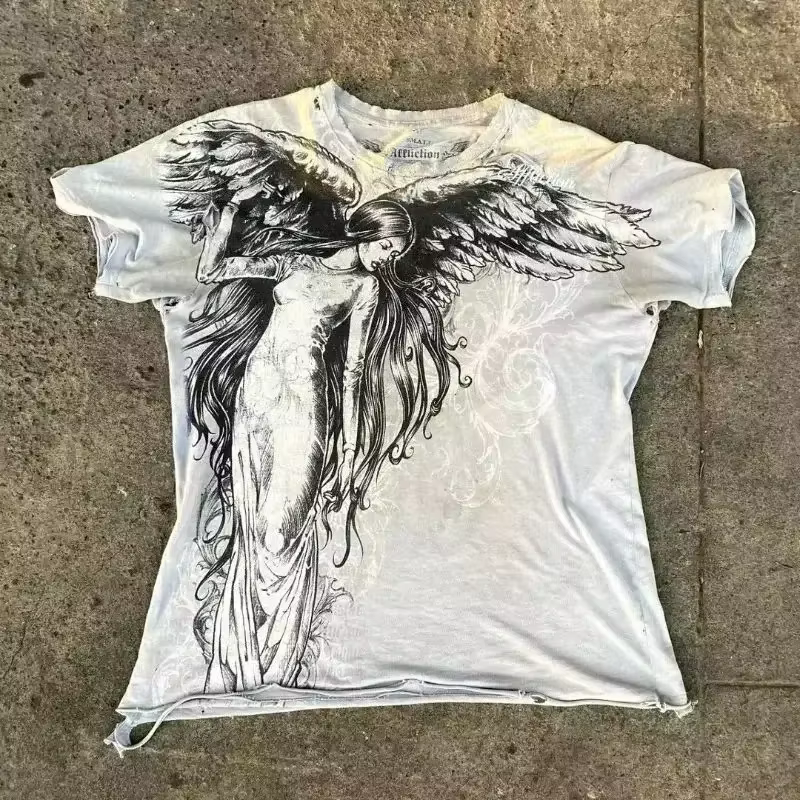 Classique Y2K Style gothique T-shirt imprimé surdimensionné T-shirt haute rue chemises gothique col