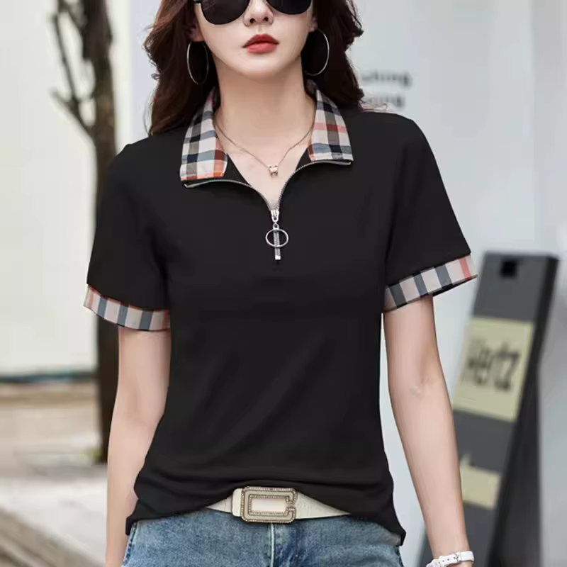 Nouveau T-shirt Polo d'été en coton pour femmes T-shirt étroit à manches courtes avec col rabattu et