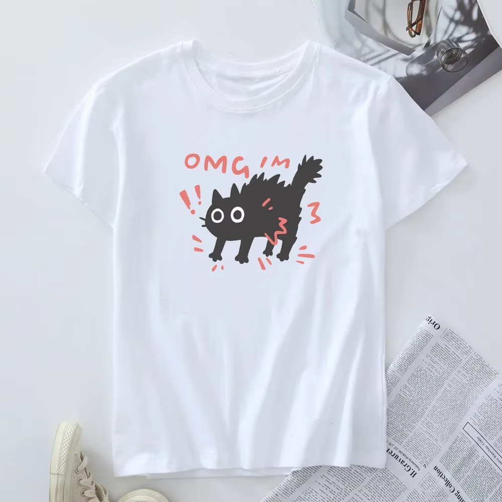 T-shirt imprimé chat effrayé pour femme, haut à manches courtes, vêtements amusants pour femme, t-sh