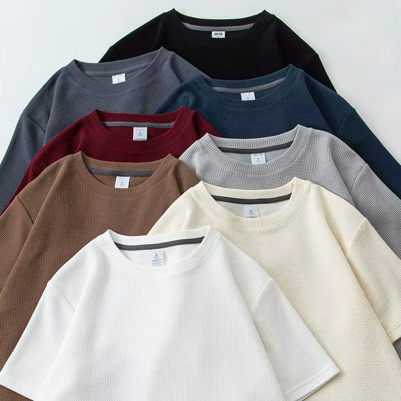 T-shirt gaufré à manches courtes pour hommes et femmes, haut d'été japonais à col rond et demi-manch