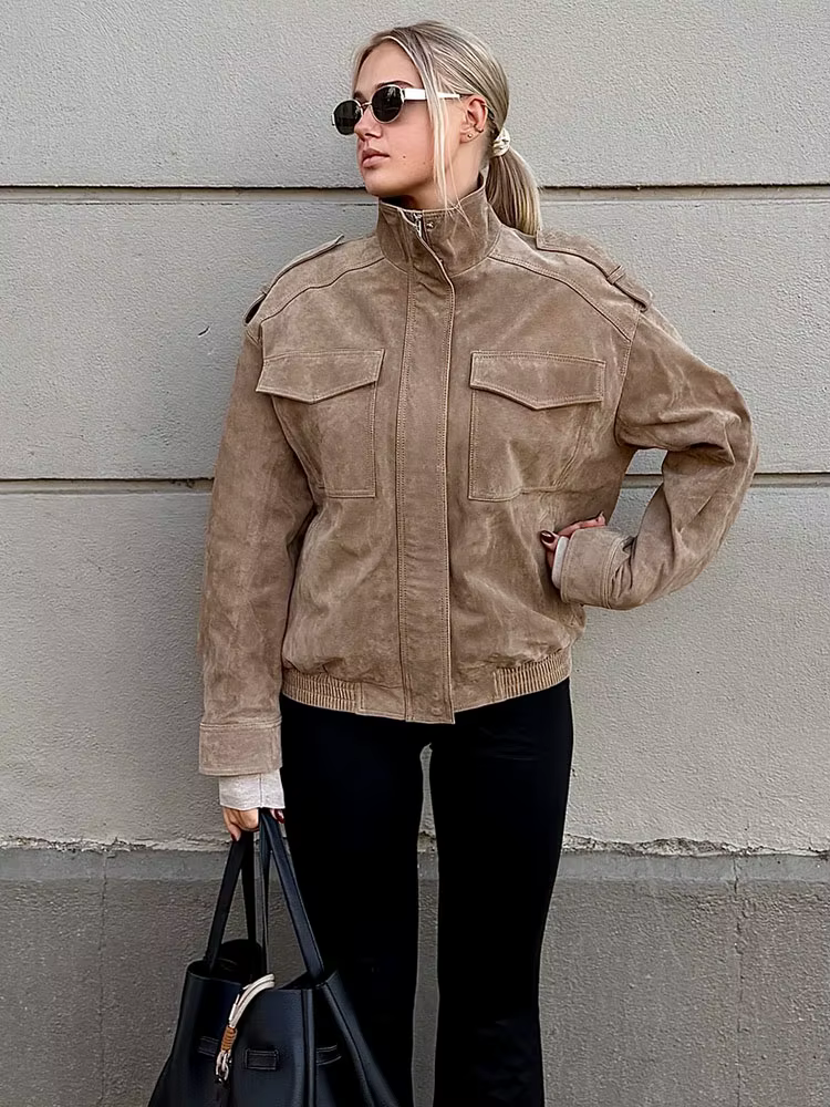 HH femmes rue décontracté solide daim pardessus vestes col montant fermetures éclair manteaux amples