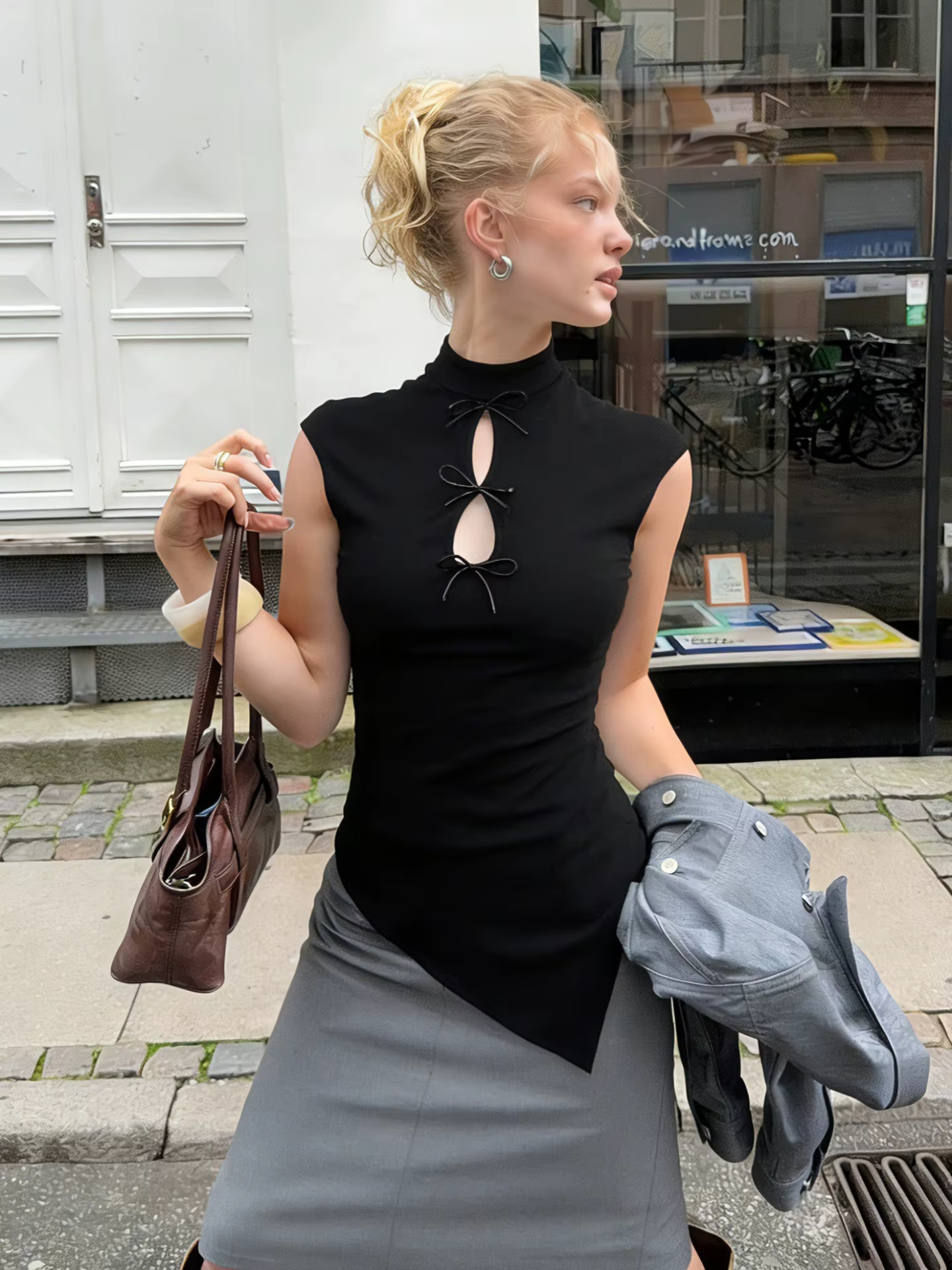 Haut Y2K sexy et décontracté pour femme, col montant, découpes, nœud, coupe ajustée irrégulière, cou