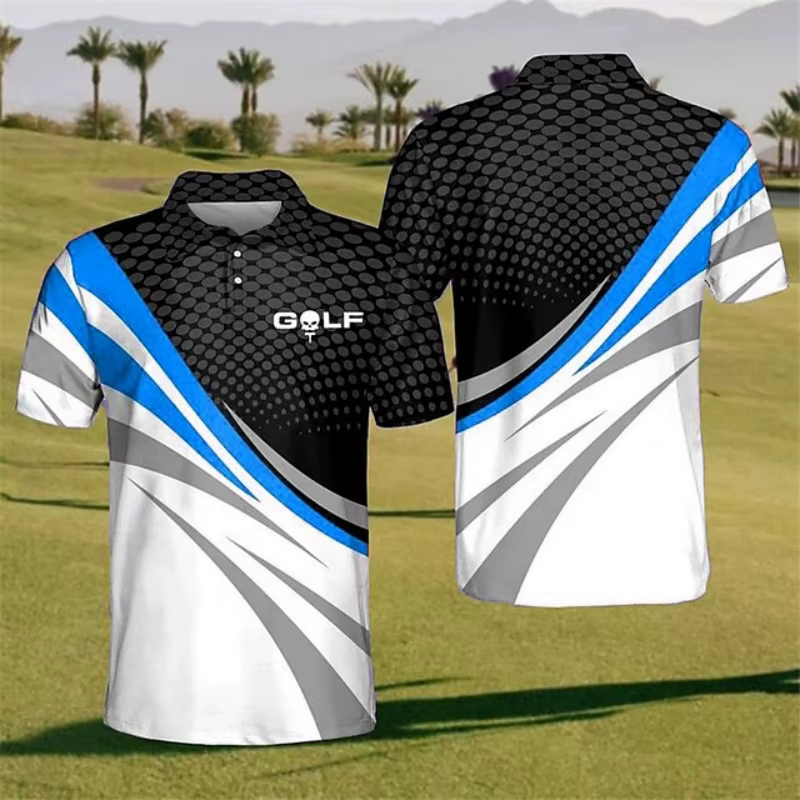 Polo pour homme à motif de golf coloré et amusant, imprimé 3D à rayures et quadrillé, décontracté d'