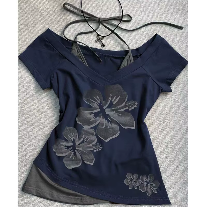 T-shirt rétro américain, mode streetwear, col halter, faux deux-en-un, Harajuku, décontracté d'été, 