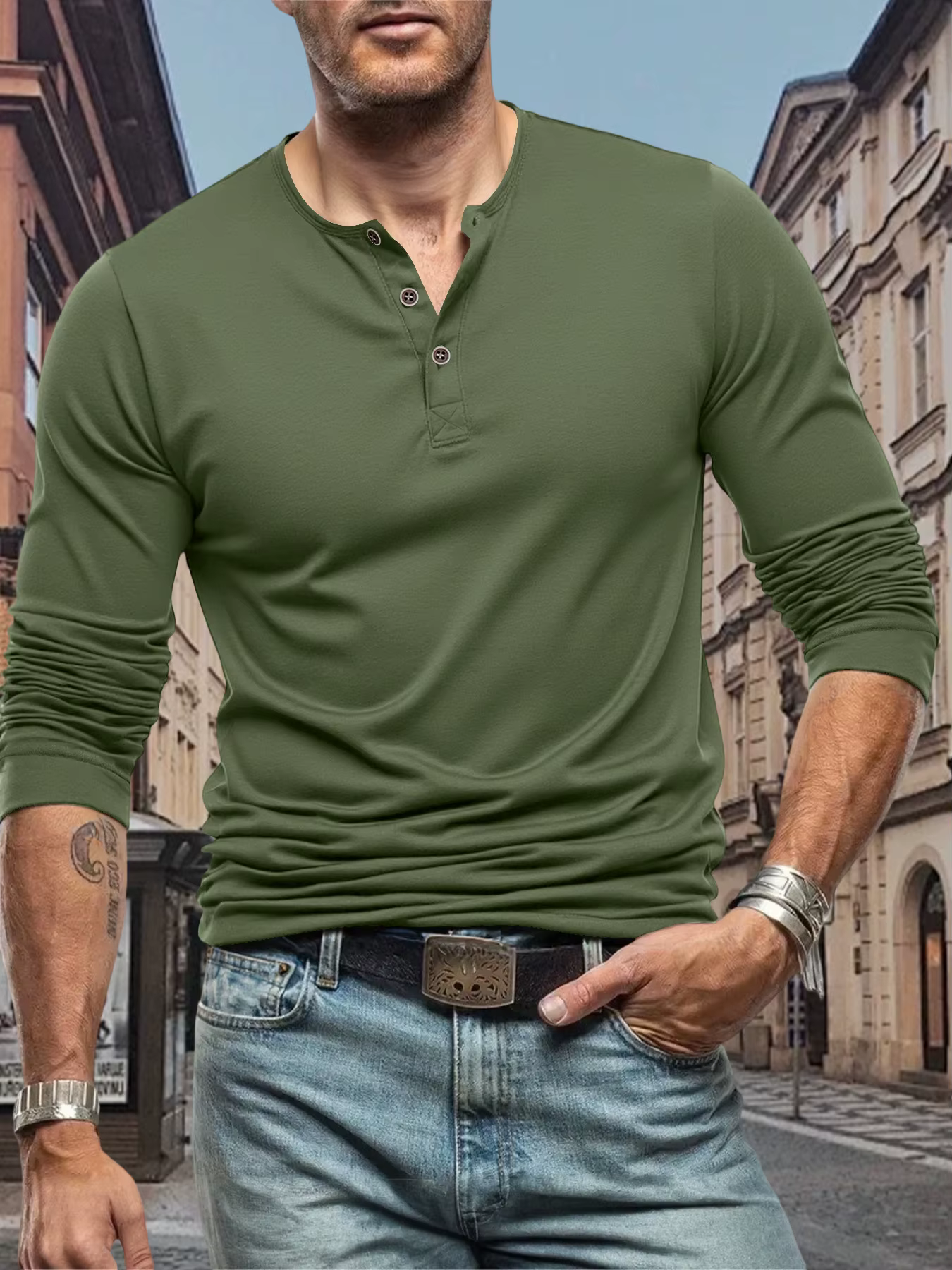 T-Shirt homme manches longues hauts t-shirts de rue col Henley bouton sport T-Shirt couleur unie déc