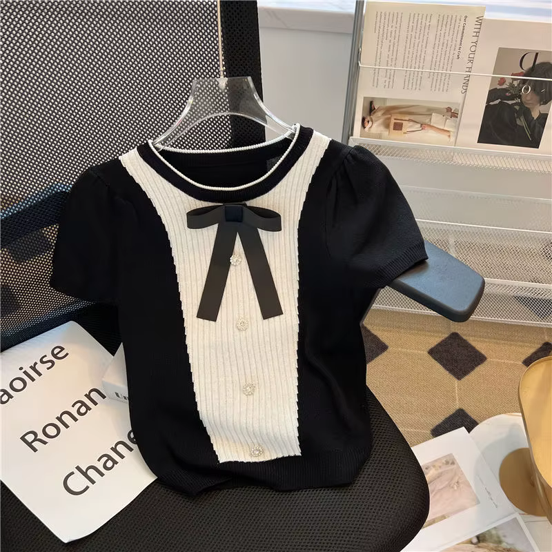 T-shirt tricoté noir à manches courtes pour femmes, élégant, à la mode, Y2k, avec nœud doux, col ron