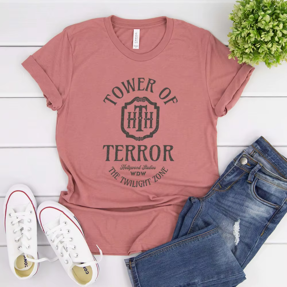 T-shirt manches courtes femme, vintage, rétro, décontracté, à la mode, tour de terreur, hôtel, studi