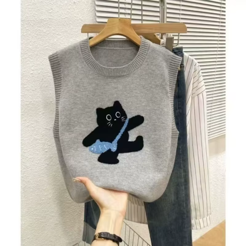 Pull gilet femmes décontracté brodé dessin animé col rond sans manches pull automne hiver tricoté pu