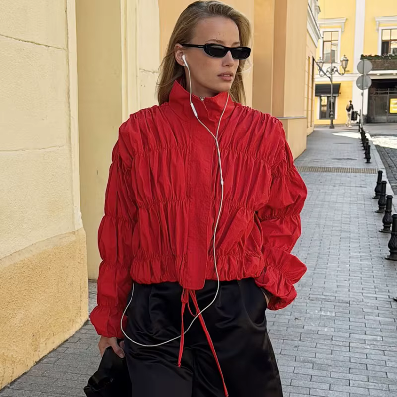 Talenza mode rouge veste femmes nouveau froncé cordon Patchwork haut décontracté Vintage surdimensio