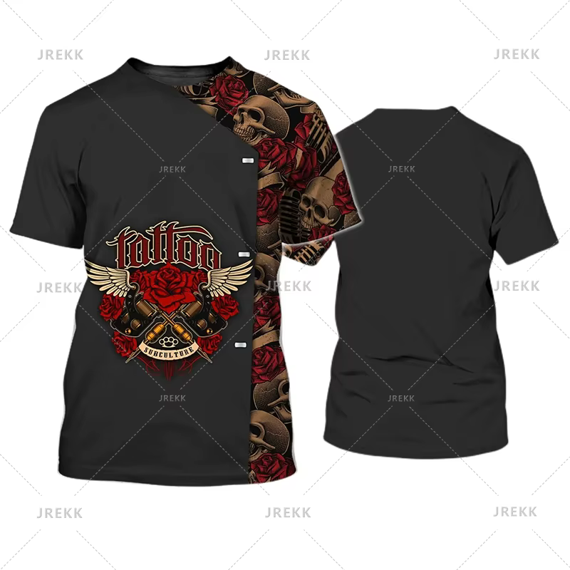 T-shirt à manches courtes à col rond pour hommes et femmes, motif d'artiste de tatouage, vêtements d