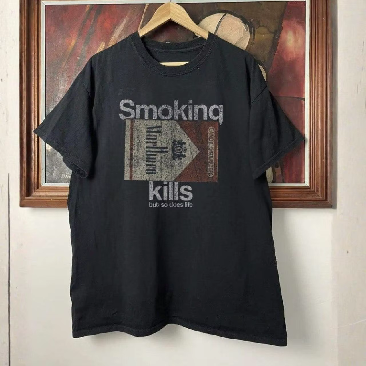 T-shirt graphique vintage Smoke 100% coton, col rond, coupe décontractée, unisexe, haut d'été