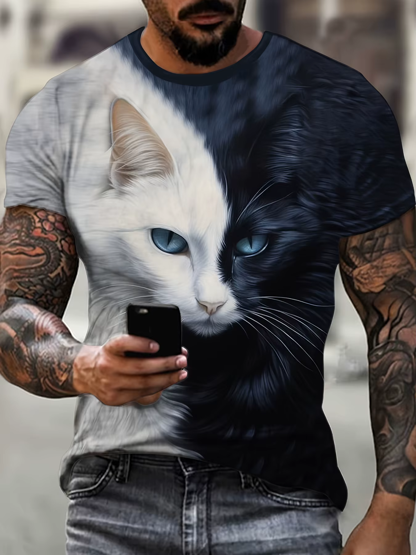 T-shirt manches courtes col rond pour homme, estival et décontracté, avec motif de chat de dessin an