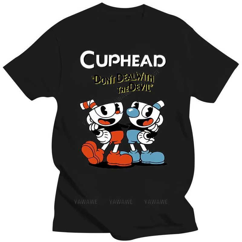 T-shirt noir en coton pour homme, estival, de marque, à la mode, avec Cuphead, jeu vidéo, dessin ani
