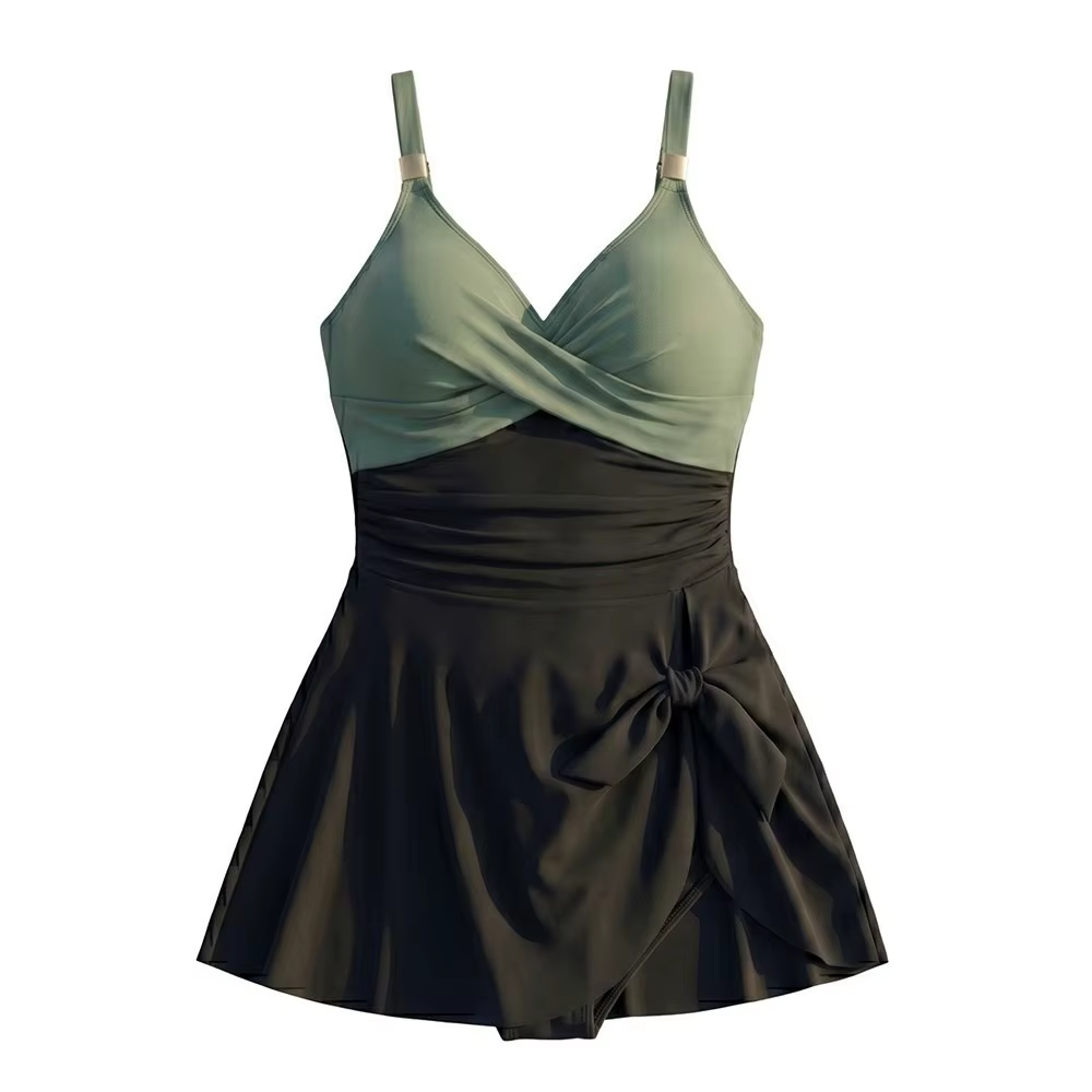 Maillot de bain femme coupe ajustée sans manches col en V, tenue de plage d'été avec jupe plissée