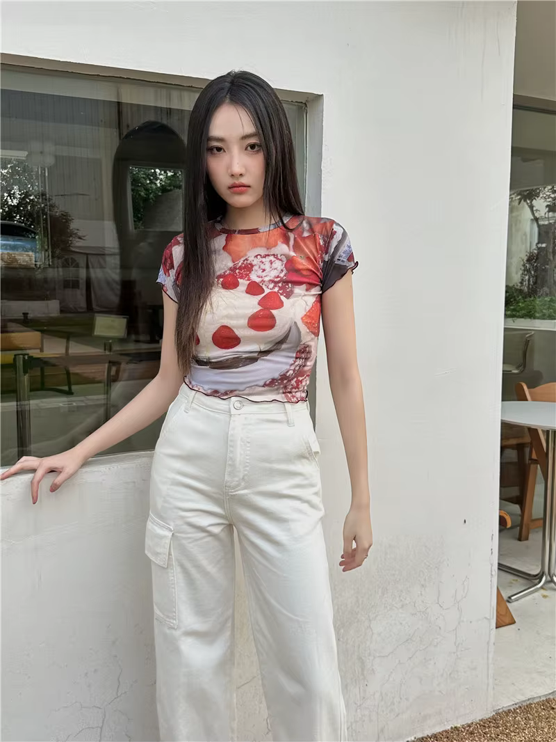 Contest ERART-T-shirt graphique de fruits pour femmes, haut court en maille à volants, t-shirts tran