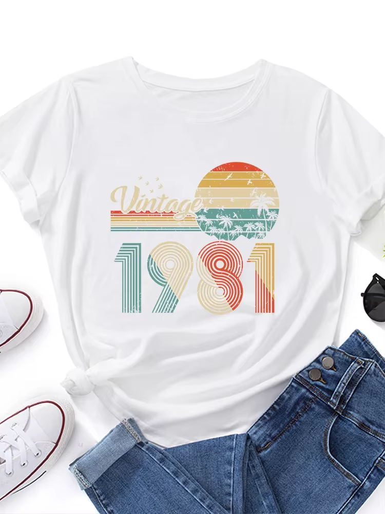 T-shirt manches courtes col rond femme, vintage, imprimé, 1981