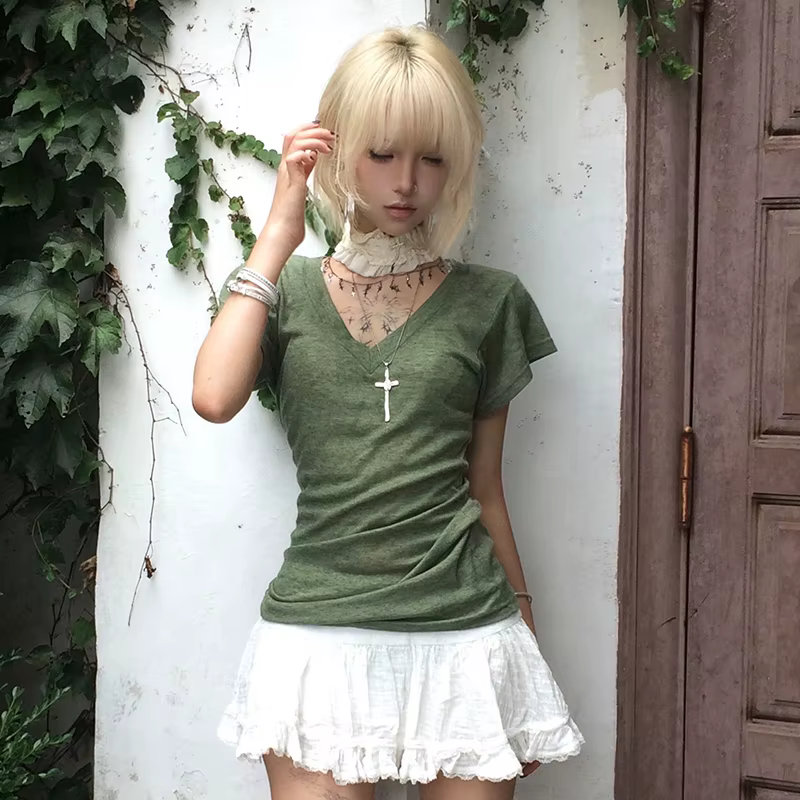 Karrram japonais Y2k vert tricoté T-shirt Trashy 2000s Style col en v haut Vintage Harajuku manches