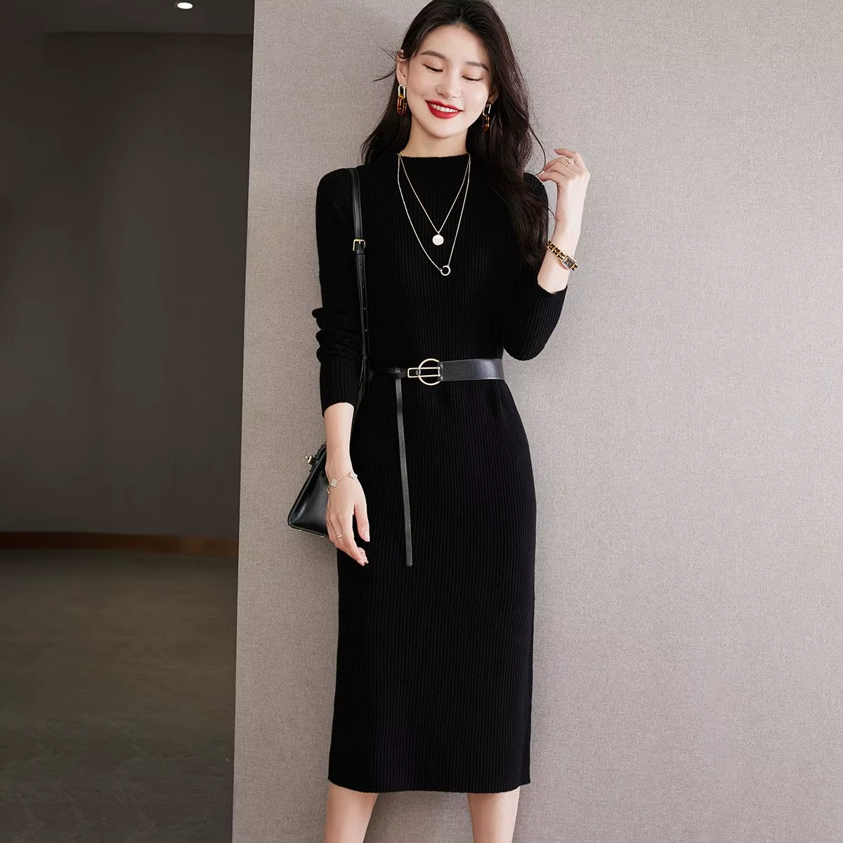 Pull mi-long à col semi-haut pour femme, robe pull, automne, hiver, 2024