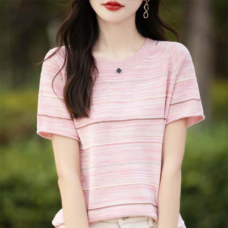 T-shirts pour femmes, été, nouveau, 100% coton, manches courtes, décontracté, rayé, tricoté, col ron