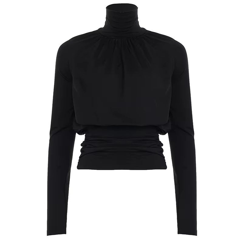 Élégant basique col roulé drapé t-shirt coupe ajustée solide froncé taille à manches longues t-shirt