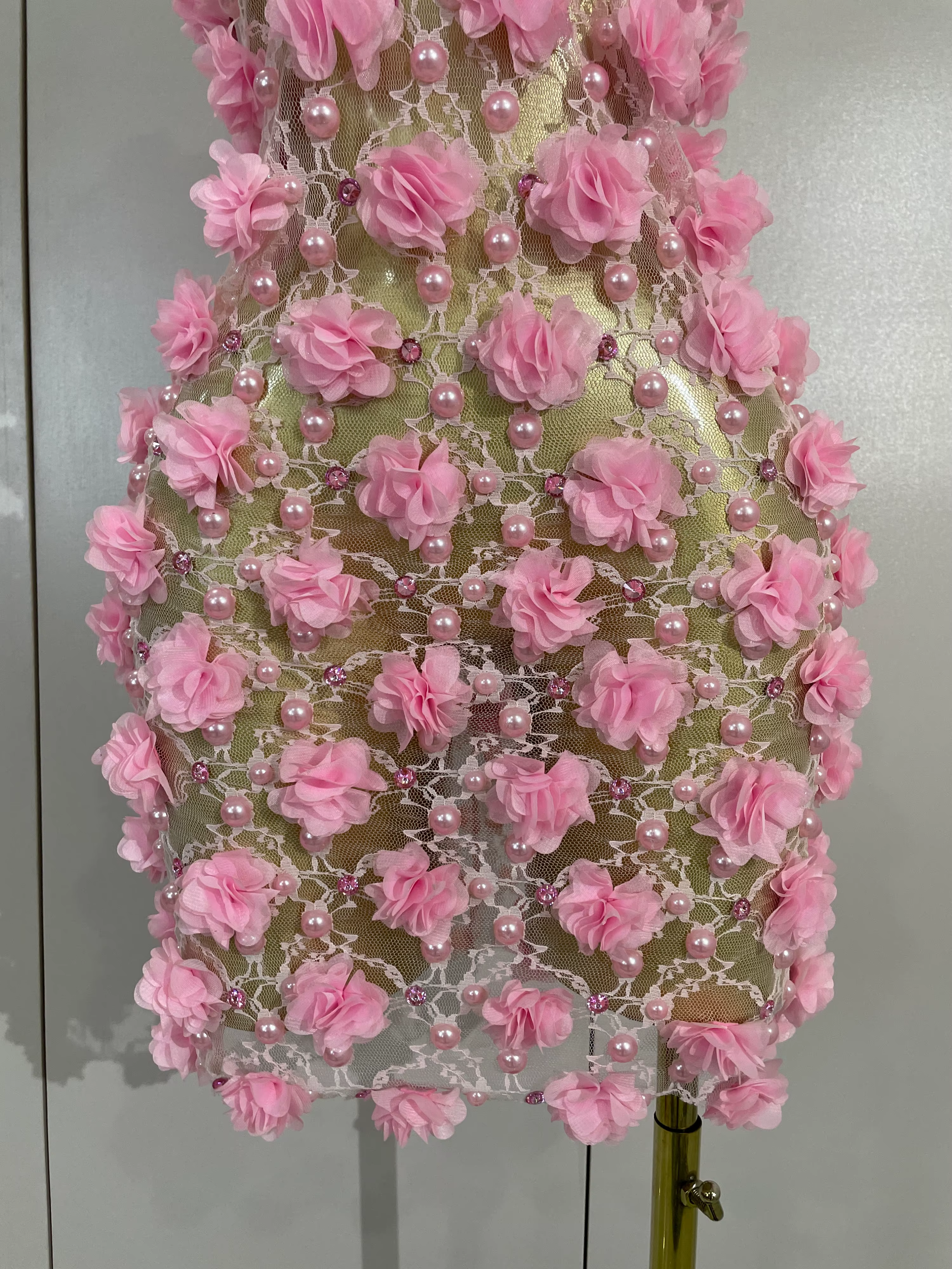 Robe de soirée pour femmes, robe de club, robe d'anniversaire, robe rose à fleurs en perles, robe en