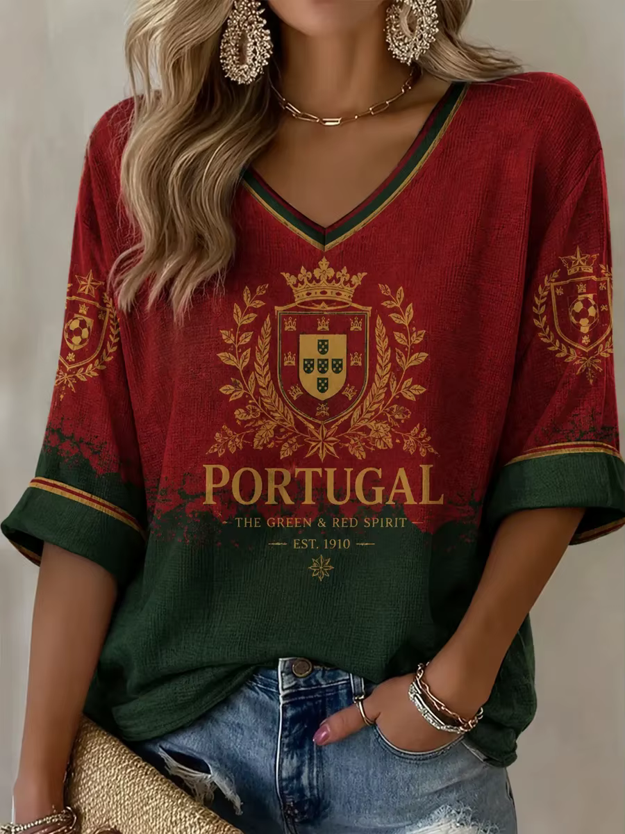T-shirt décontracté pour femme avec imprimé football portugais, T-shirt culturel du football