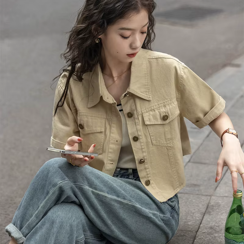 Chemise en jean kaki Vintage pour femmes, chemise courte à manches courtes, Streetwear d'été, veste