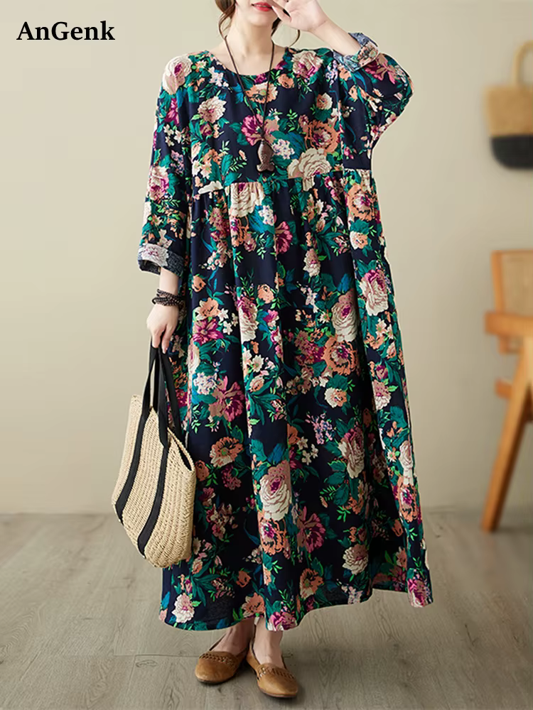 Robes amples en coton à manches longues imprimées style vintage pour femmes – Collection Printemps-A