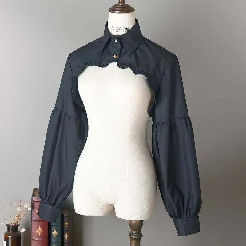 T-shirt manches longues bouffantes pour femmes, haut court, chemisier, bouton à volants, col étalé d