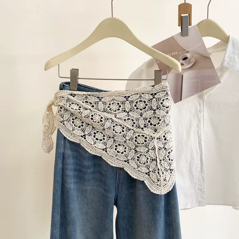 Bandana Crochet fleur Triangle foulard tricoté fleurs taille ceinture femmes Lolita Style coréen éch