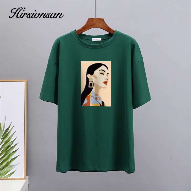 Hirsionsan – t-shirt en coton imprimé pour femme, haut Chic, ample, décontracté, esthétique, surdime