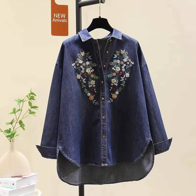 Chemisier en Denim pour femmes, polyvalent, de haute qualité, hauts brodés, décontractés et élégants