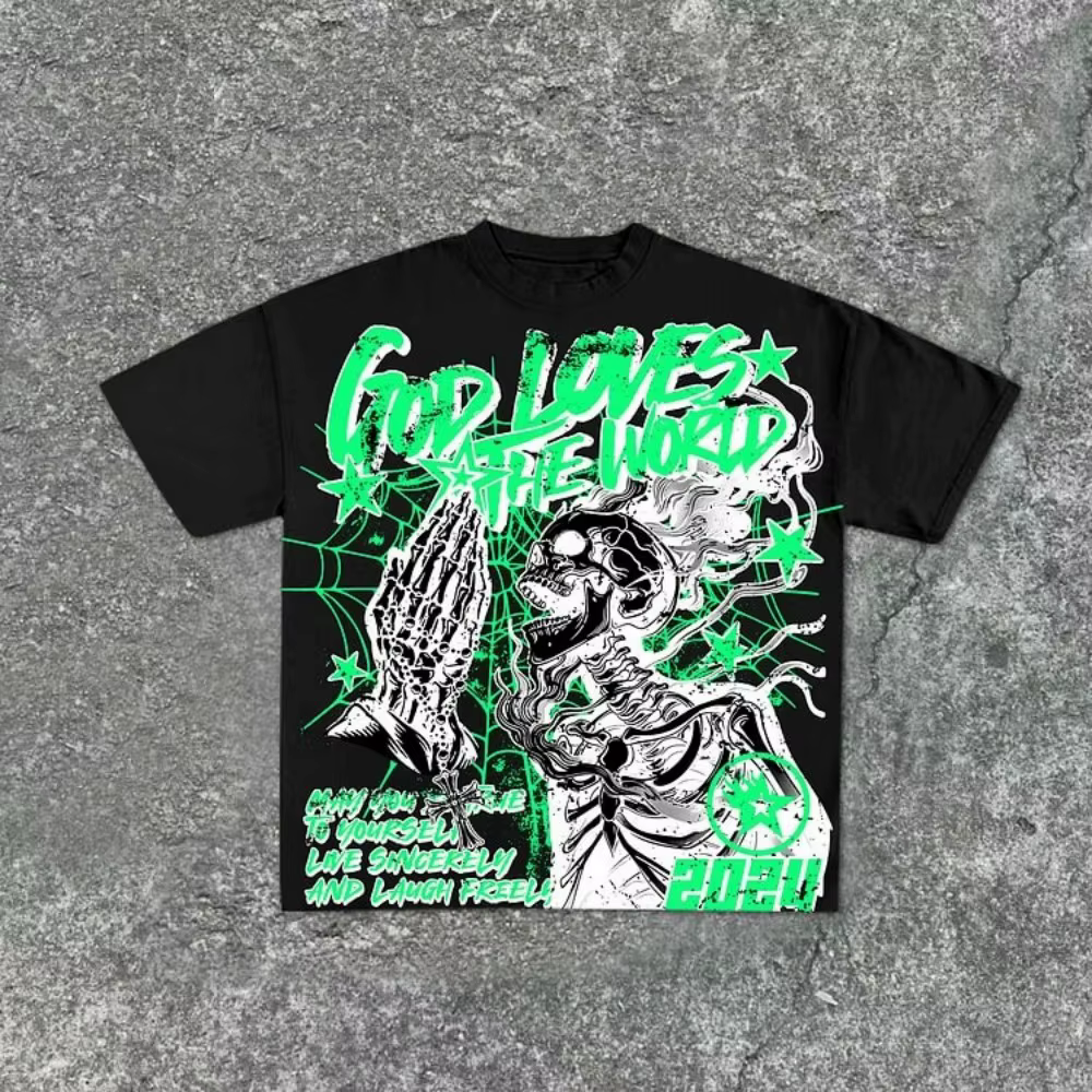 T-shirt col rond pour hommes, imprimé graffiti de crâne personnalisé, confortable et respirant, haut