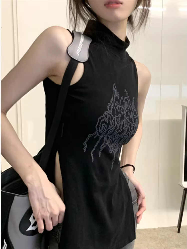 Débardeur noir à col montant pour femmes, imprimé Vintage, Sexy, fente latérale, Chic, loisirs, Hip 
