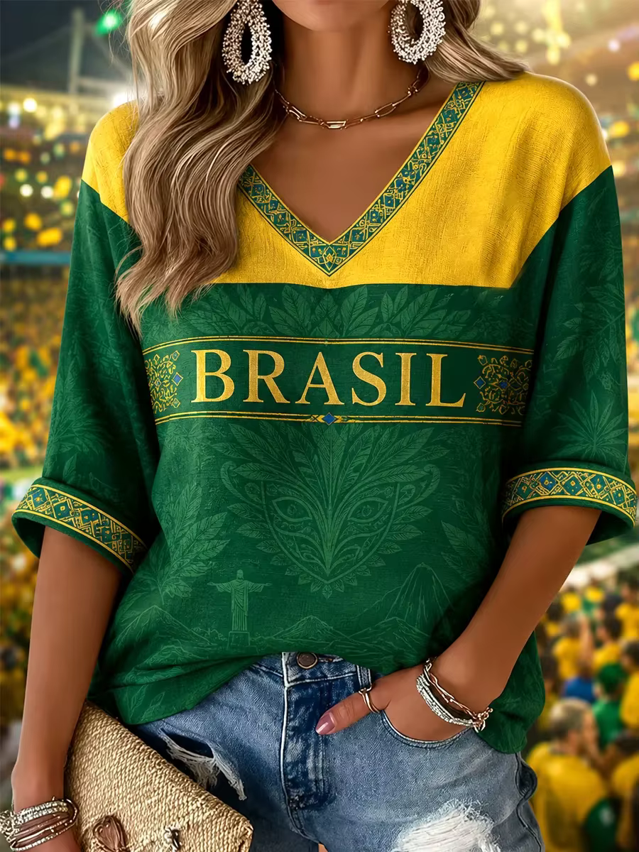 T-shirt décontracté à col en V et manches courtes pour femmes, imprimé pour les fans de football du 