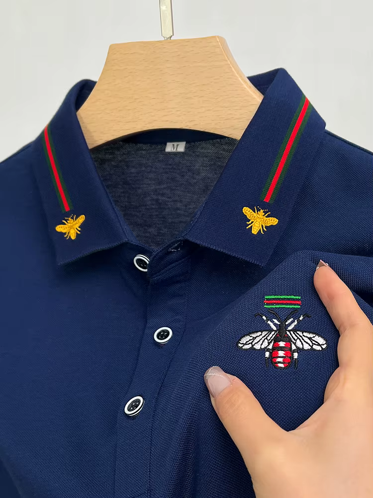 Polo Homme de Qualité Supérieure, Broderie Abeille sur Revers, Manches Courtes, Nouvelle Collection 