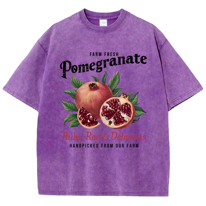 T-shirt délavé en coton pour femmes, imprimé grenade brillant, surdimensionné, col rond, confortable