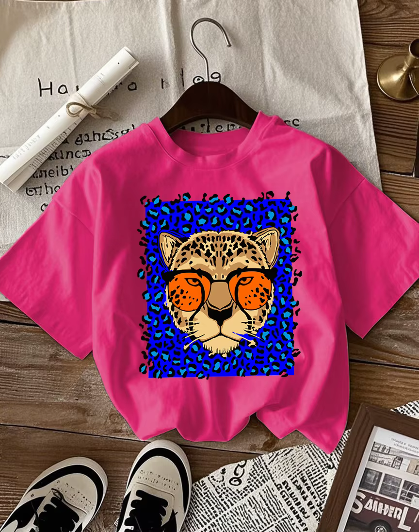 T-Shirt col rond en coton pour femmes, humoristique, motif imprimé léopard sous bleu, décontracté, a