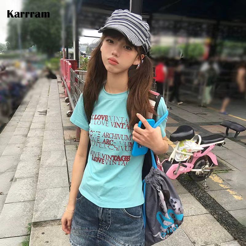 Karrram japonais Y2k lettre impression T-shirt Trashy 2000s Style haut court Vintage Harajuku manche