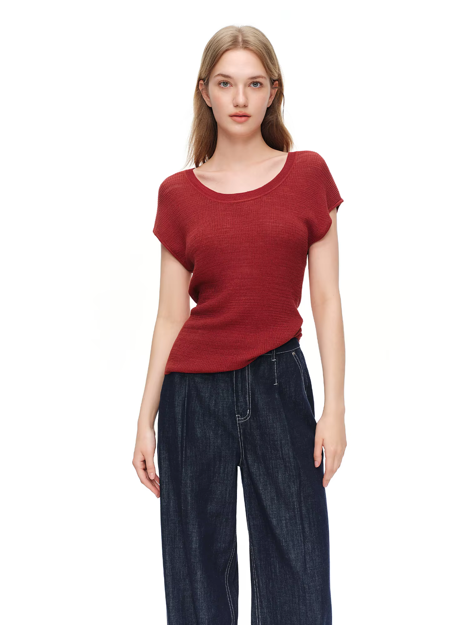 DUSHU T-shirt en maille col U en mélange de lin, nouveau style d'été, coupe ajustée décontractée pou
