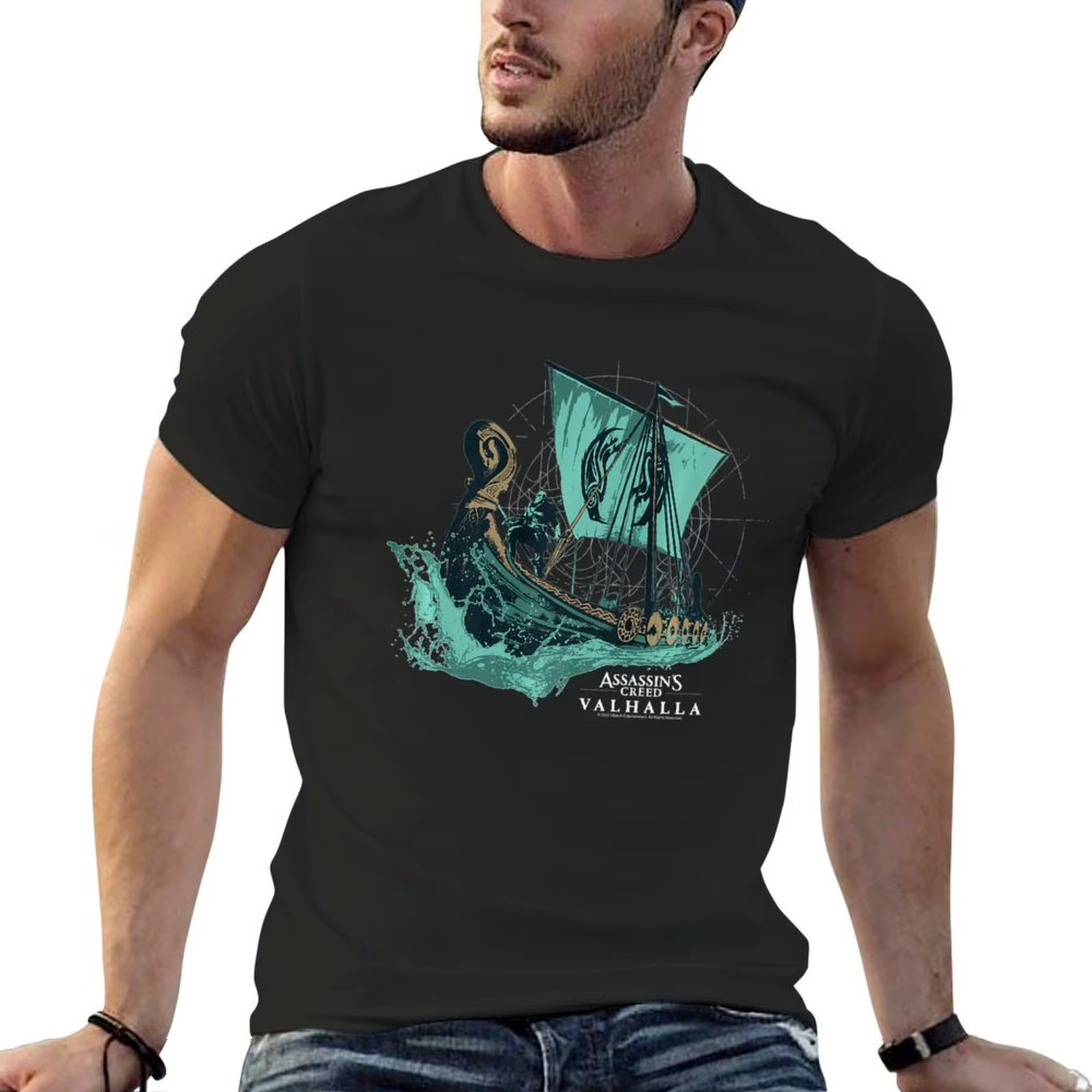 Assassin_s Creed Valhalla-T-shirt en coton pour homme, long, bateau, graphique, PO gy