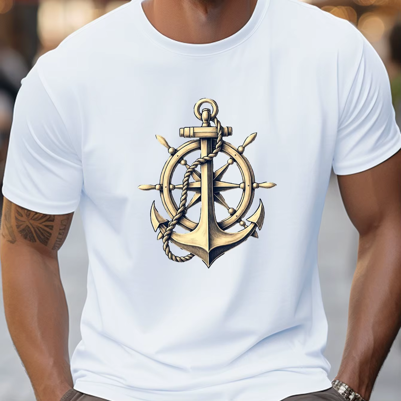 T-Shirt graphique ancre nautique pour hommes, tissu tricoté micro-extensible à manches courtes, coup