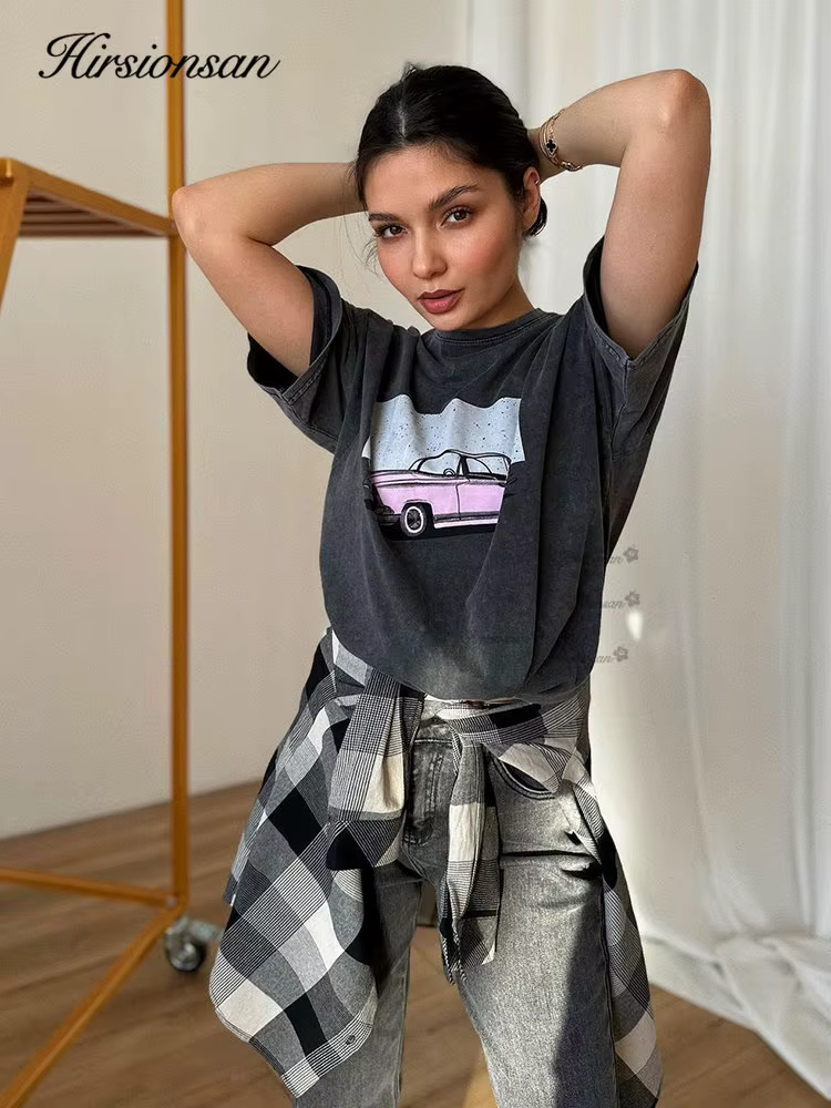 Hirsionsan-T-shirt Délavé à l'Acide pour Femme, Streetwear Imprimé Vintage, Marque de Luxe, Y2k