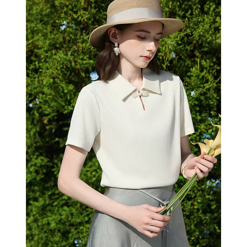 I BELIEVE YOU T-shirt polo côtelé beige pour femme, col boutonné à motif floral chinois, manches cou