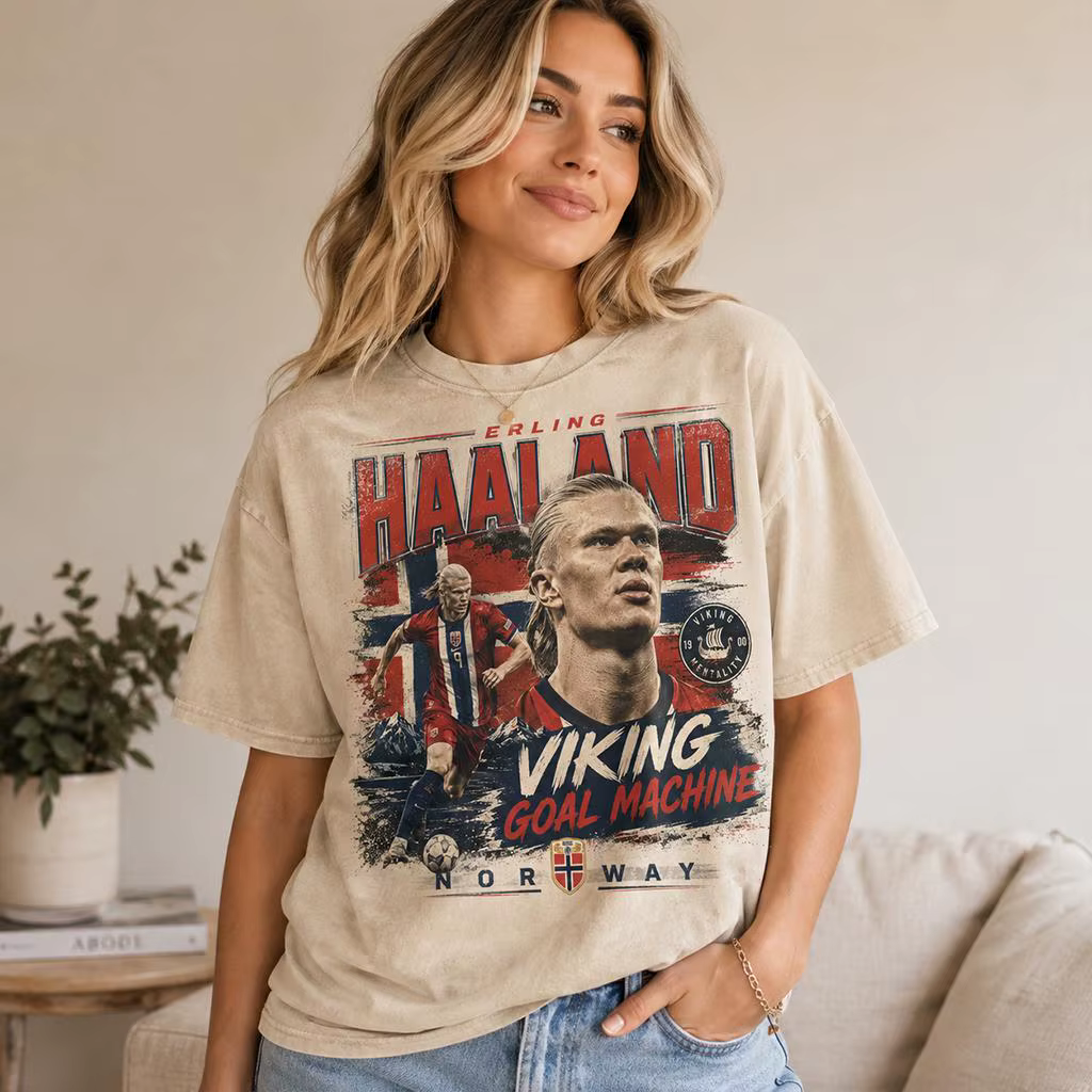T-shirt imprimé rétro Erling Haaland Norvège Football Portrait Vintage Lavé Viking Machine à Buts St