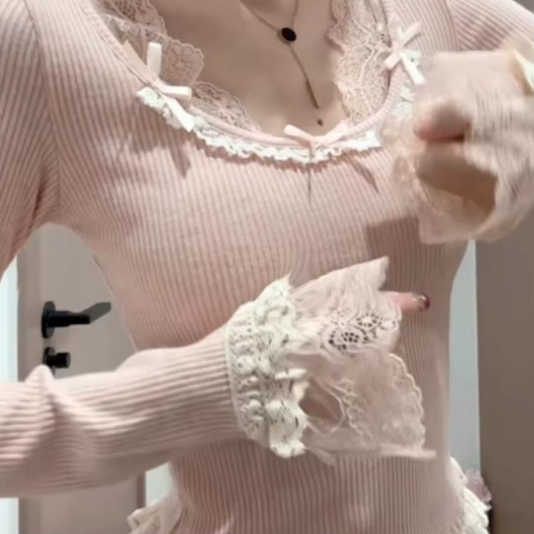 T-shirt à manches longues en dentelle pour femmes, à carreaux Y2k, avec nœud solide, Slim, mode coré