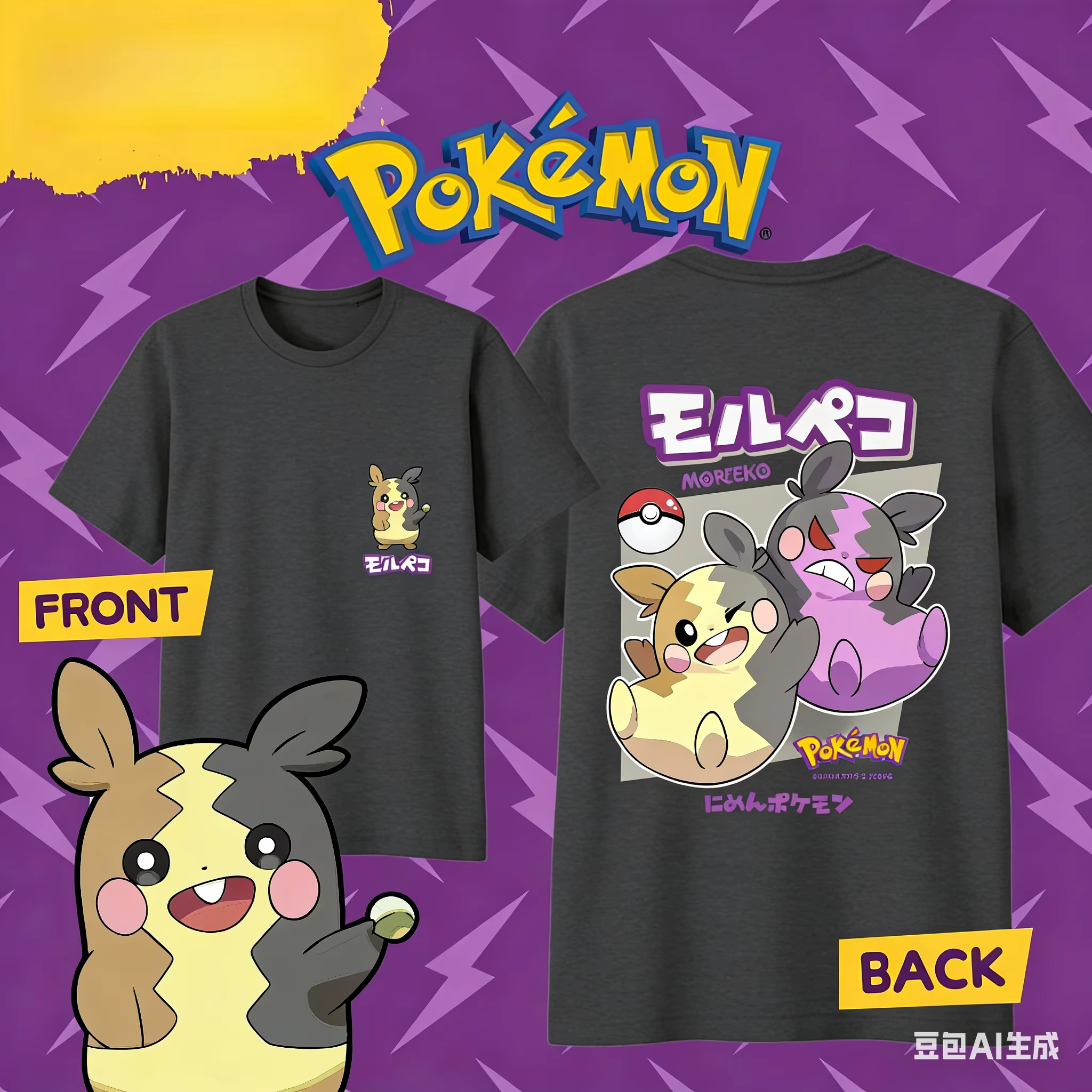 Bandai Pokémon Cartoon Morpeko T-shirt 100% coton pour hommes/femmes, ample, décontracté, à la mode,
